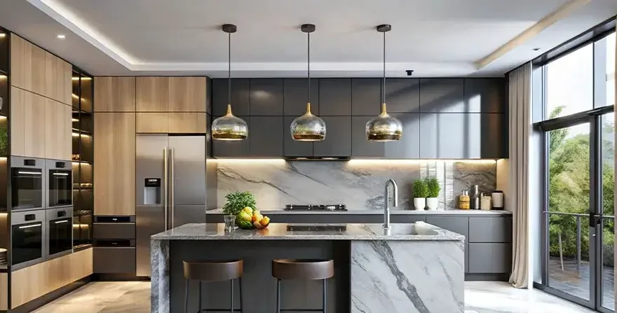 l-shaped-modular-kitchen-design-handleless-cabinets-black-glass-appliances-marble-countertops